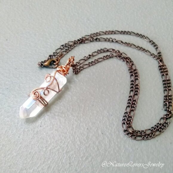 Clear Angel Aura Quartz Necklace - Handmade - Wire Wrapped - Copper Chain 22" - Picture 3 of 12